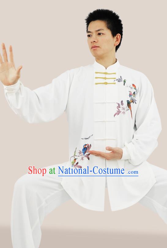 Chinese Tai Chi Competition Printing Flower Bird White Uniforms Adults Kung Fu Show Clothing Martial Arts Garment Costumes