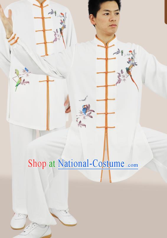 Chinese Tai Chi Competition Printing Flower Bird White Uniforms Adults Kung Fu Show Clothing Martial Arts Garment Costumes