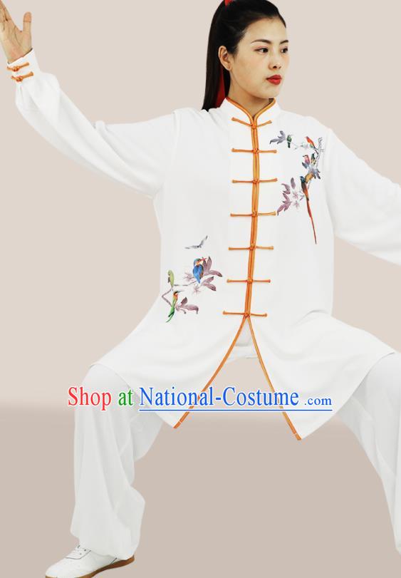 Chinese Tai Chi Competition Printing Flower Bird White Uniforms Adults Kung Fu Show Clothing Martial Arts Garment Costumes