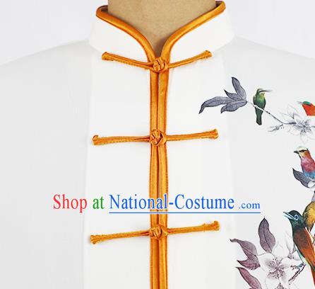 Chinese Tai Chi Competition Printing Flower Bird White Uniforms Adults Kung Fu Show Clothing Martial Arts Garment Costumes