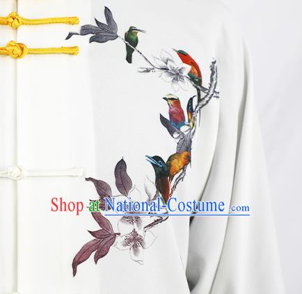 Chinese Tai Chi Competition Printing Flower Bird White Uniforms Adults Kung Fu Show Clothing Martial Arts Garment Costumes