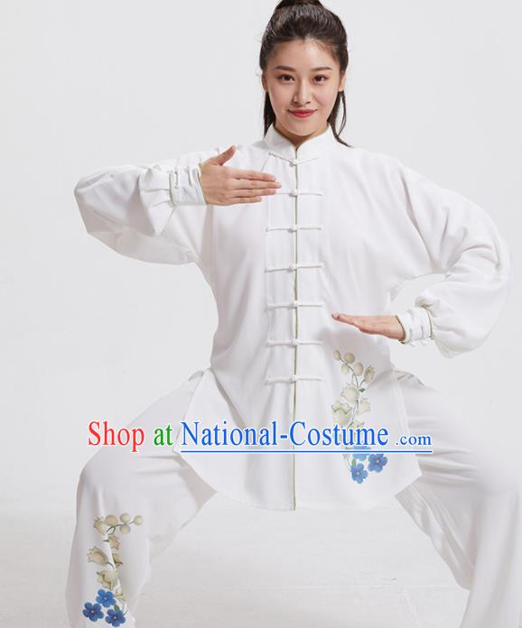 Chinese Tai Chi Training Printing Flowers White Uniforms Adults Kung Fu Performance Clothing Martial Arts Garment Costumes