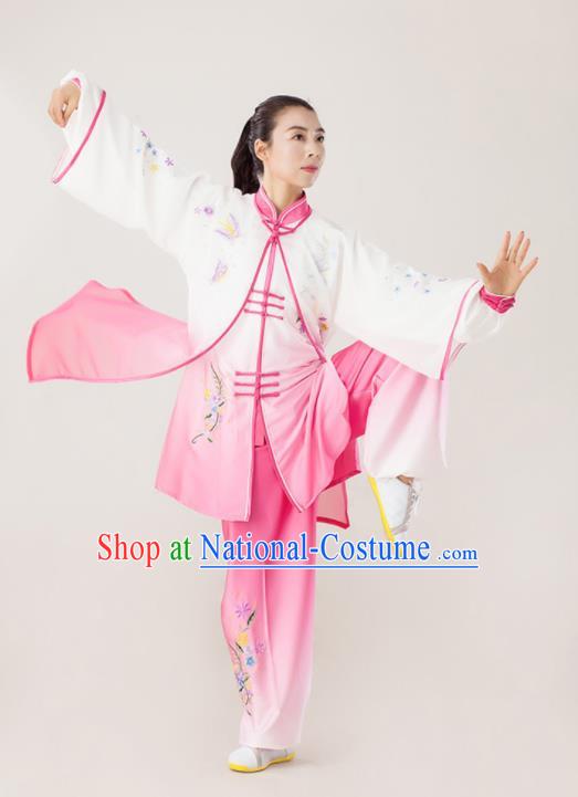 Professional Chinese Kung Fu Costumes Wushu Performance Embroidered Pink Uniforms Tai Chi Competition Three Pieces Suits Martial Arts Clothing