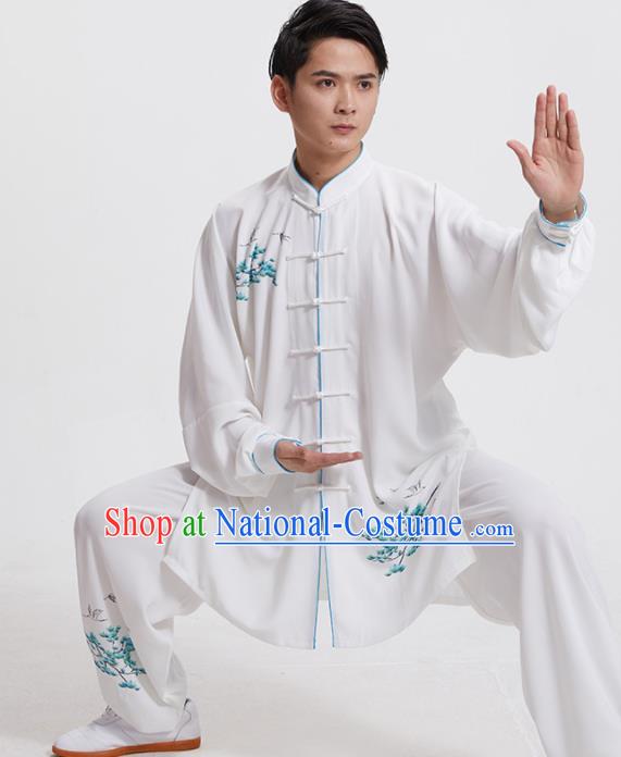 Chinese Kung Fu Performance Clothing Martial Arts Garment Costumes Tai Chi Training Printing Pine Crane White Uniforms for Men for Women