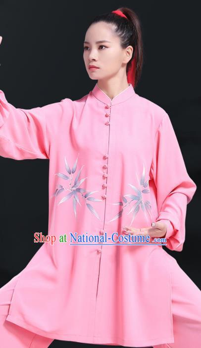 Professional Chinese Tai Ji Competition Clothing Martial Arts Printing Bamboo Leaf Pink Outfits Tai Chi Costumes Kung Fu Performance Uniforms