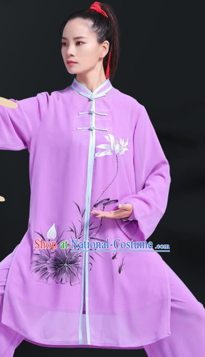 Professional Chinese Kung Fu Performance Uniforms Tai Ji Competition Clothing Martial Arts Printing Lotus Purple Outfits Tai Chi Costumes