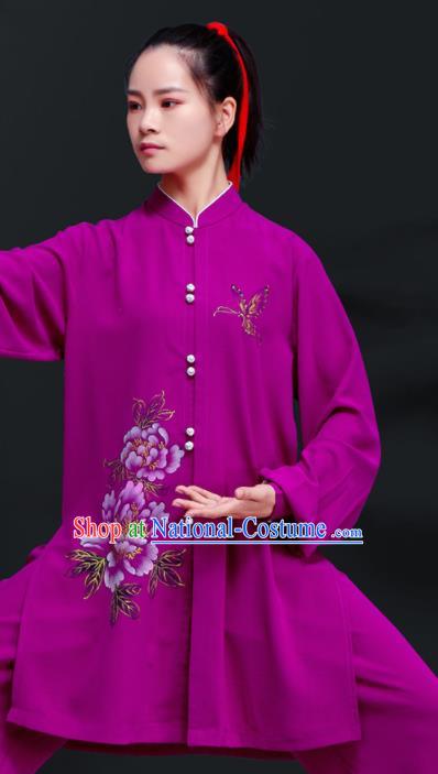 Professional Chinese Tai Ji Sword Performance Clothing Martial Arts Printing Peony Purple Outfits Tai Chi Training Costumes Kung Fu Uniforms