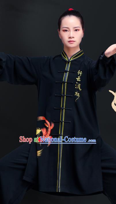 Professional Chinese Tai Ji Printing Fish Black Outfits Tai Chi Training Uniforms Kung Fu Costumes Martial Arts Performance Clothing