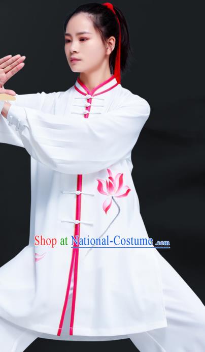 Professional Chinese Martial Arts Performance Clothing Tai Ji Printing Lotus White Outfits Tai Chi Training Uniforms Kung Fu Costumes