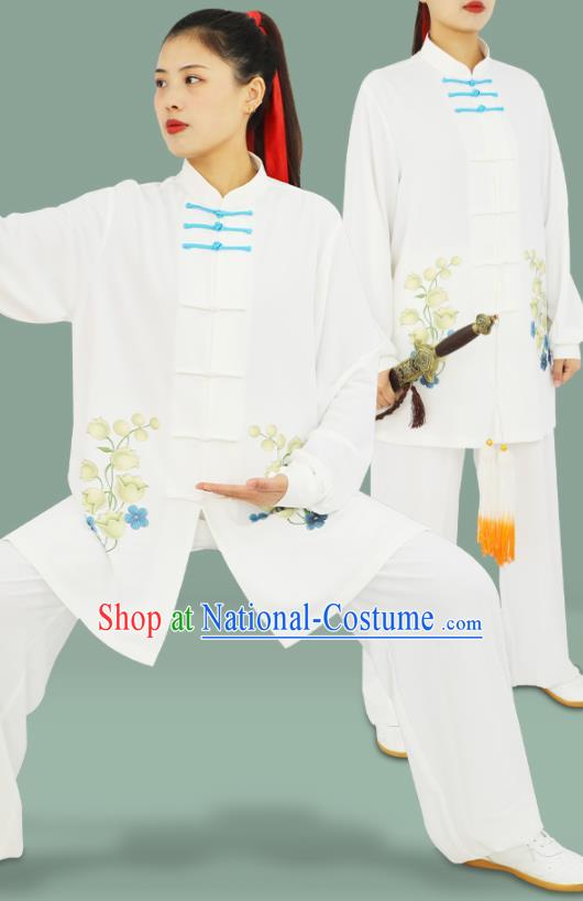 Professional Chinese Wushu Performance Printing Convallaria White Uniforms Tai Ji Competition Suits Martial Arts Clothing Kung Fu Tai Chi Costumes