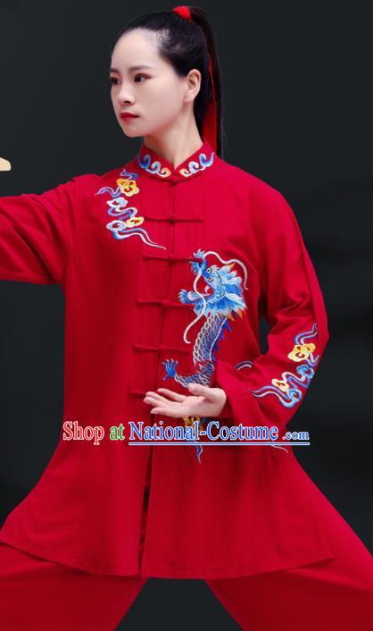 Professional Chinese Martial Arts Embroidered Dragon Clothing Tai Ji Competition Costumes Tai Chi Training Red Uniforms Kung Fu Performance Outfits