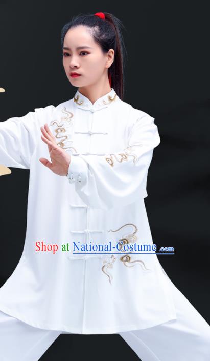 Professional Chinese Kung Fu Performance Outfits Martial Arts Embroidered Clouds Clothing Tai Ji Competition Costumes Tai Chi Training White Uniforms