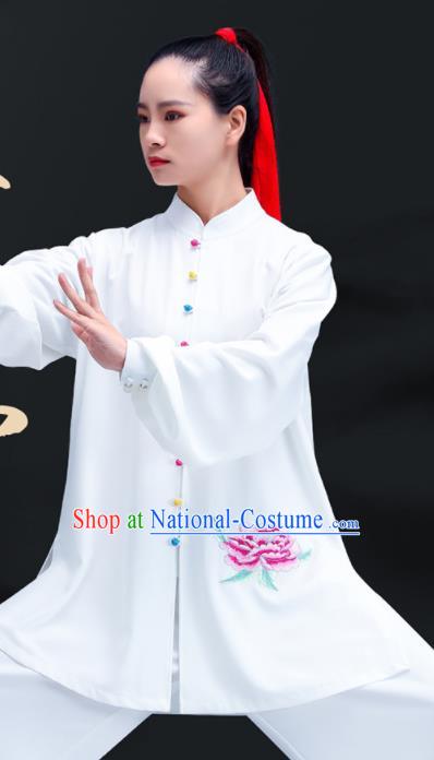 Professional Chinese Tai Chi Training White Uniforms Kung Fu Performance Outfits Martial Arts Embroidered Peony Clothing Zen Costumes