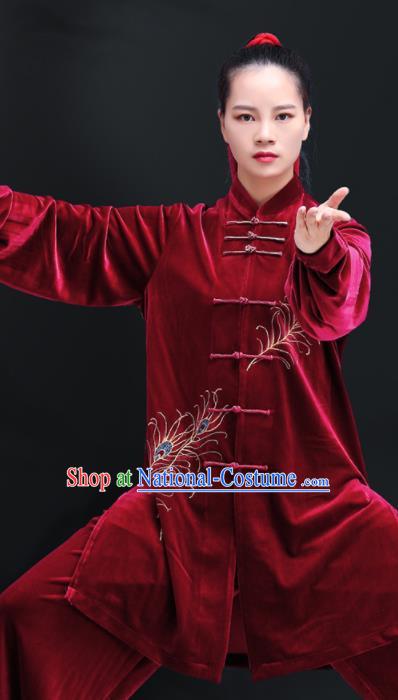 Professional Chinese Tai Ji Sword Performance Costumes Tai Chi Training Uniforms Kung Fu Red Pleuche Outfits Martial Arts Competition Clothing