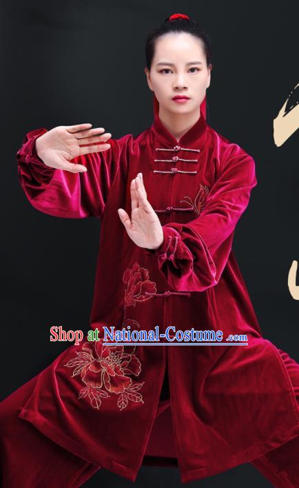 Professional Chinese Martial Arts Competition Clothing Tai Ji Sword Performance Costumes Tai Chi Training Uniforms Kung Fu Wine Red Pleuche Outfits