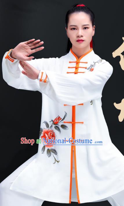 Chinese Kung Fu Hand Painting Rose White Outfits Martial Arts Competition Clothing Tai Ji Performance Costumes Tai Chi Training Uniforms