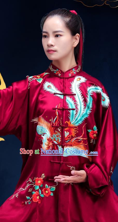 Chinese Tai Chi Training Uniforms Kung Fu Wine Red Silk Outfits Martial Arts Clothing Tai Ji Competition Costumes