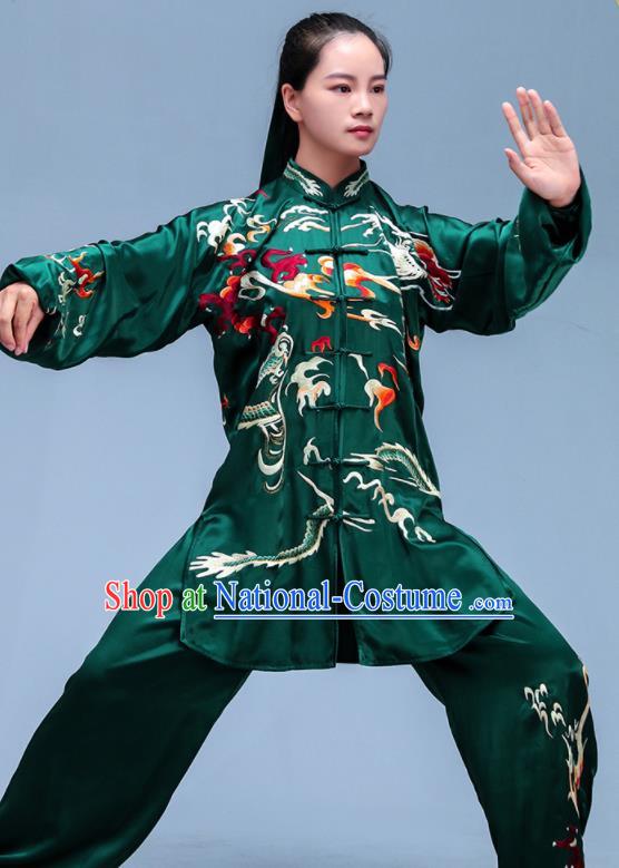 Chinese Tai Ji Competition Costumes Tai Chi Training Uniforms Kung Fu Deep Green Silk Outfits Martial Arts Embroidered Clothing