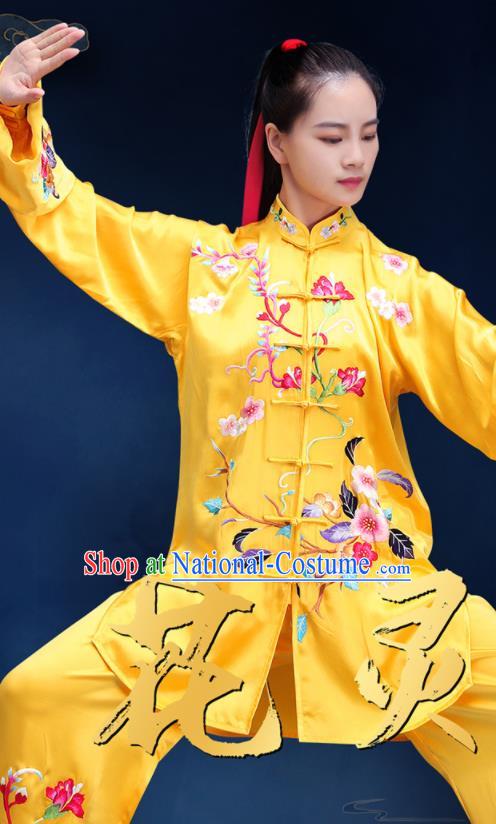 Chinese Martial Arts Embroidered Clothing Tai Ji Competition Costumes Tai Chi Training Uniforms Kung Fu Yellow Silk Outfits