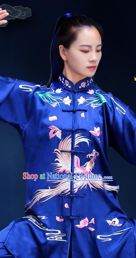 Chinese Tai Chi Uniforms Kung Fu Training Royalblue Silk Outfits Martial Arts Embroidered Phoenix Clothing Tai Ji Competition Costumes