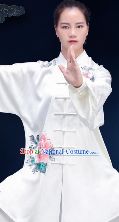 Chinese Tai Ji Competition Costumes Tai Chi Uniforms Kung Fu Training White Silk Outfits Martial Arts Painting Peony Clothing