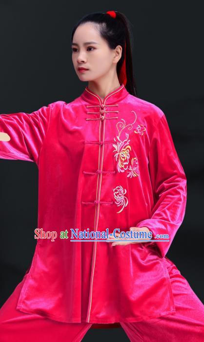 Professional Chinese Tai Chi Training Rosy Pleuche Uniforms Kung Fu Outfits Martial Arts Clothing Tai Ji Performance Costumes