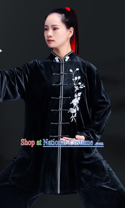 Professional Chinese Tai Ji Performance Costumes Tai Chi Training Black Pleuche Uniforms Kung Fu Outfits Martial Arts Clothing