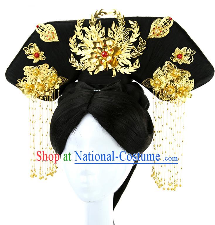 China Ancient Manchu Woman Wigs Traditional Drama Chignon Hairpieces Qing Dynasty Imperial Consort Wig Sheath