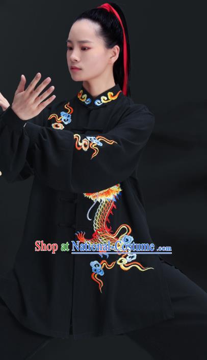 Chinese Martial Arts Embroidered Dragon Clothing Tai Ji Competition Costumes Tai Chi Training Uniforms Kung Fu Black Outfits