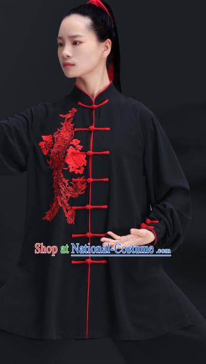 Chinese Kung Fu Black Outfits Martial Arts Embroidered Phoenix Peony Clothing Tai Ji Competition Costumes Tai Chi Training Uniforms