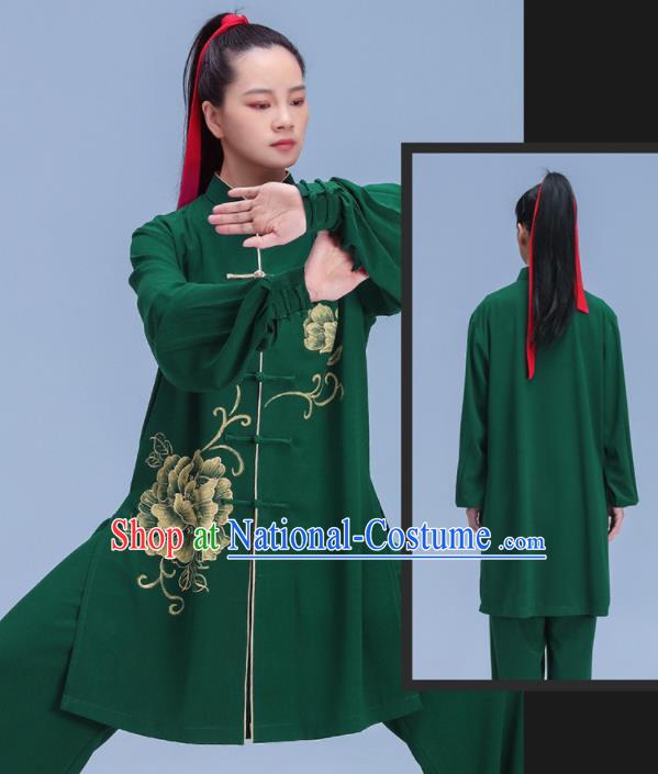 Chinese Tai Chi Training Uniforms Hand Painting Peony Green Outfits Martial Arts Clothing Kung Fu Competition Costumes