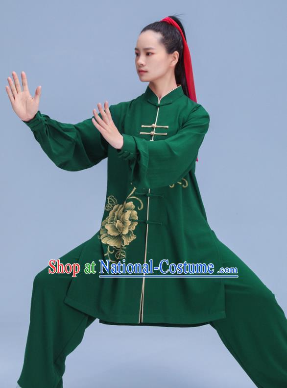 Chinese Tai Chi Training Uniforms Hand Painting Peony Green Outfits Martial Arts Clothing Kung Fu Competition Costumes