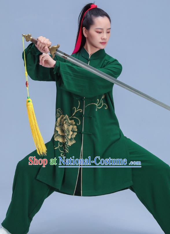 Chinese Tai Chi Training Uniforms Hand Painting Peony Green Outfits Martial Arts Clothing Kung Fu Competition Costumes