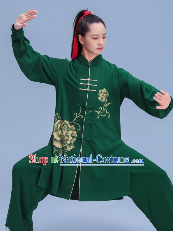 Chinese Tai Chi Training Uniforms Hand Painting Peony Green Outfits Martial Arts Clothing Kung Fu Competition Costumes