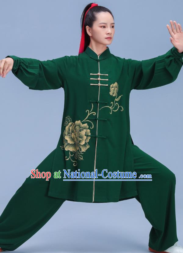 Chinese Tai Chi Training Uniforms Hand Painting Peony Green Outfits Martial Arts Clothing Kung Fu Competition Costumes