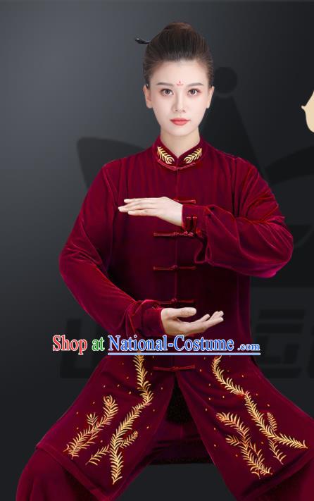 Chinese Martial Arts Clothing Kung Fu Costumes Tai Chi Training Uniforms Wushu Competition Wine Red Pleuche Outfits