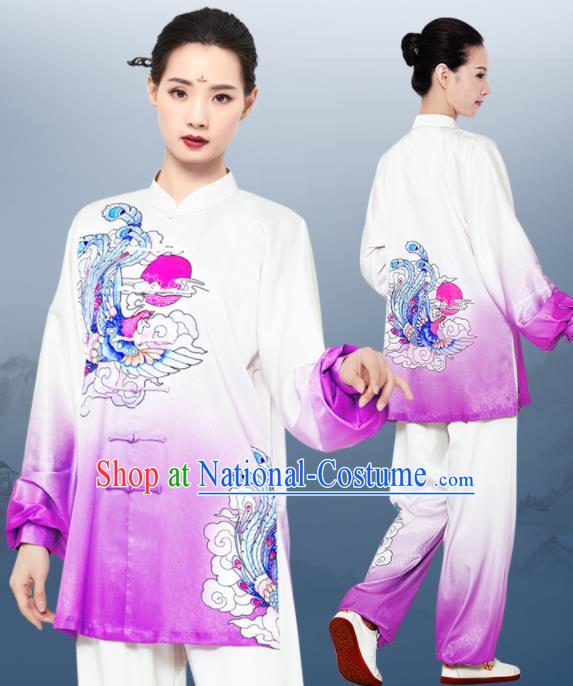 Chinese Wushu Competition Printing Phoenix Outfits Martial Arts Clothing Kung Fu Costumes Tai Chi Training Gradient Purple Uniforms