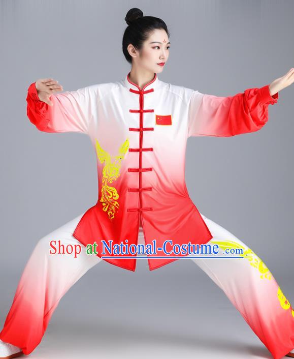 Chinese Tai Chi Training Gradient Red Uniforms Wushu Competition Printing Phoenix Outfits Martial Arts Clothing Kung Fu Costumes