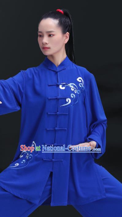 Chinese Martial Arts Embroidered Wave Clothing Tai Ji Competition Costumes Tai Chi Uniforms Kung Fu Training Royalblue Outfits