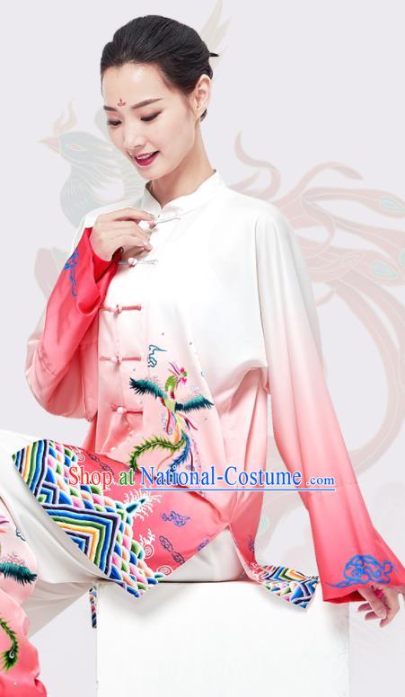 Chinese Tai Chi Printing Phoenix Pink Uniforms Wushu Competition Outfits Martial Arts Kung Fu Clothing Tai Ji Sword Garment Costumes