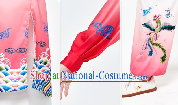 Chinese Tai Chi Printing Phoenix Pink Uniforms Wushu Competition Outfits Martial Arts Kung Fu Clothing Tai Ji Sword Garment Costumes