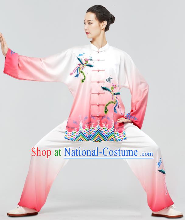 Chinese Tai Chi Printing Phoenix Pink Uniforms Wushu Competition Outfits Martial Arts Kung Fu Clothing Tai Ji Sword Garment Costumes