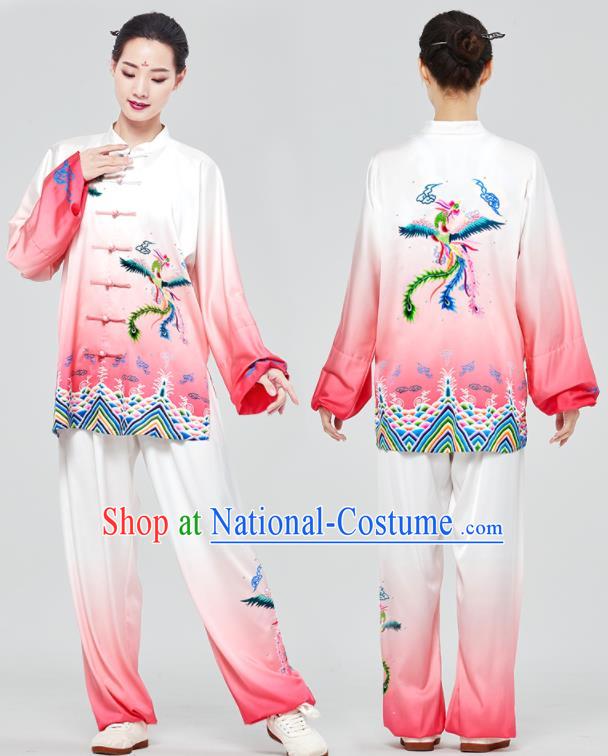 Chinese Tai Chi Printing Phoenix Pink Uniforms Wushu Competition Outfits Martial Arts Kung Fu Clothing Tai Ji Sword Garment Costumes