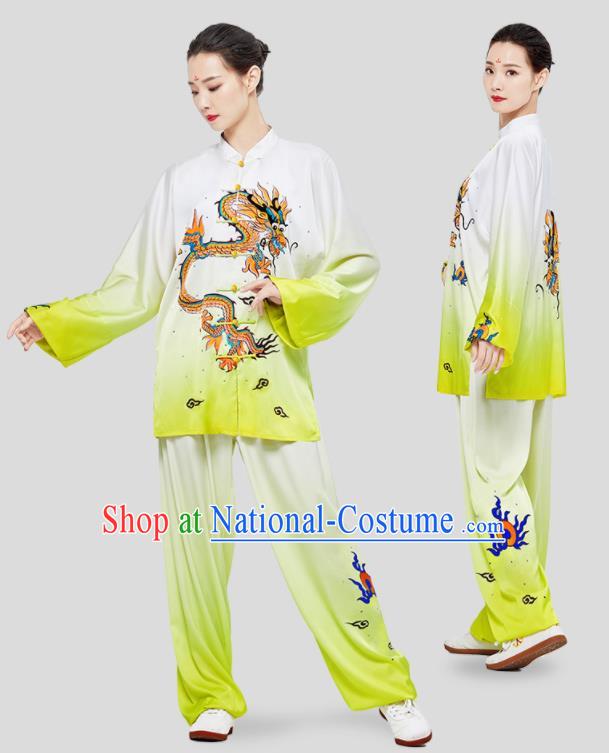 Chinese Wushu Competition Outfits Martial Arts Kung Fu Clothing Tai Ji Sword Garment Costumes Tai Chi Printing Dragon Green Uniforms