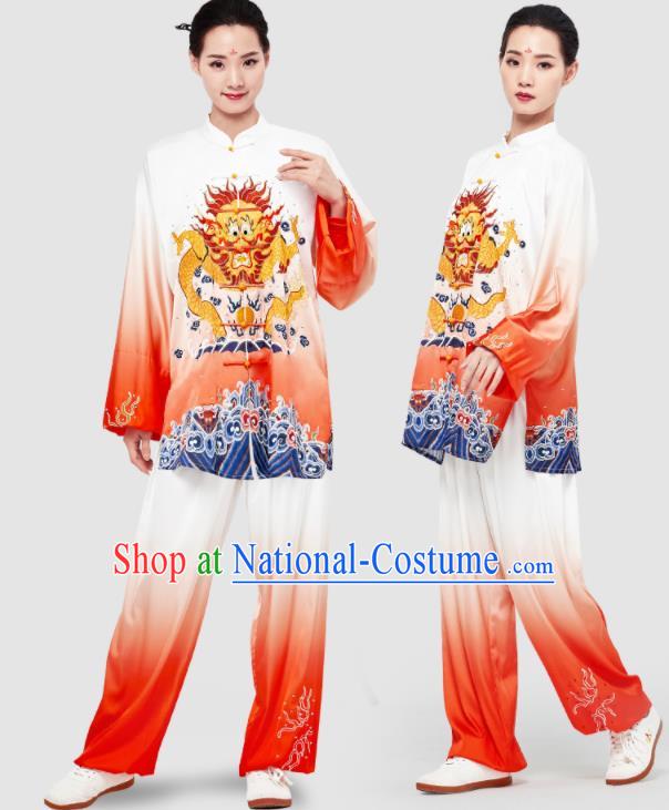 Chinese Tai Chi Printing Dragon Red Uniforms Wushu Competition Outfits Martial Arts Kung Fu Clothing Tai Ji Sword Garment Costumes