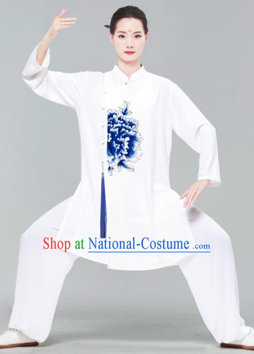 Chinese Martial Arts Kung Fu Clothing Tai Ji Garment Costumes Tai Chi Printing Peony White Uniforms Wushu Competition Outfits