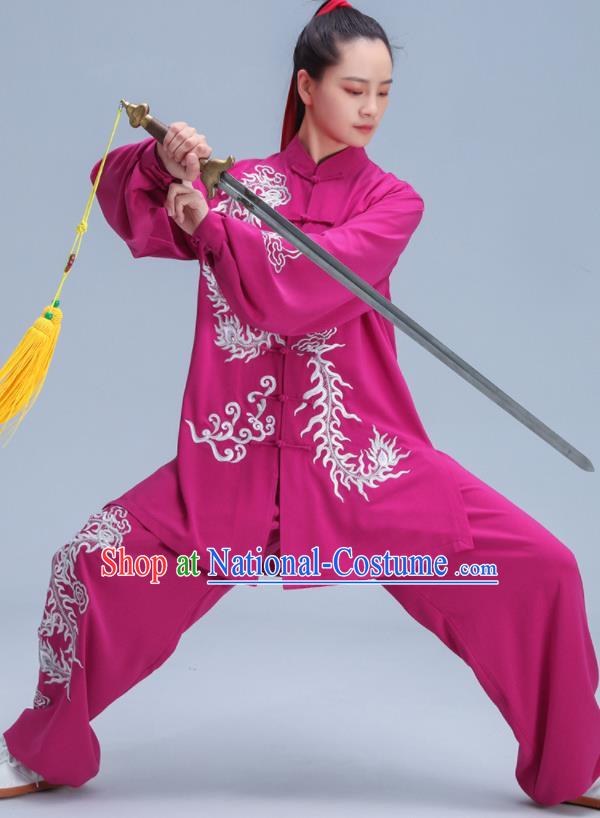 Chinese Kung Fu Training Rosy Outfits Martial Arts Embroidered Phoenix Clothing Tai Ji Competition Costumes Tai Chi Uniforms