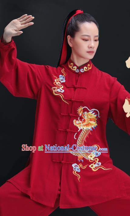 Chinese Tai Ji Competition Costumes Tai Chi Training Uniforms Kung Fu Red Outfits Martial Arts Embroidered Dragon Clothing