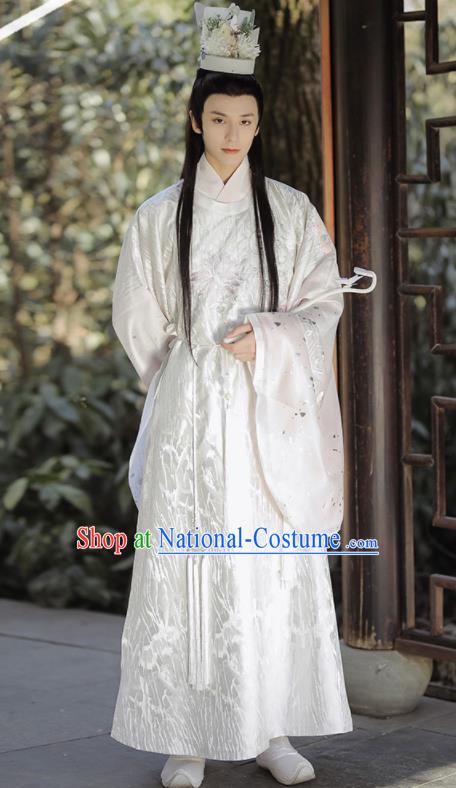 China Ming Dynasty Historical Garment Costumes Ancient Crown Prince White Hanfu Clothing