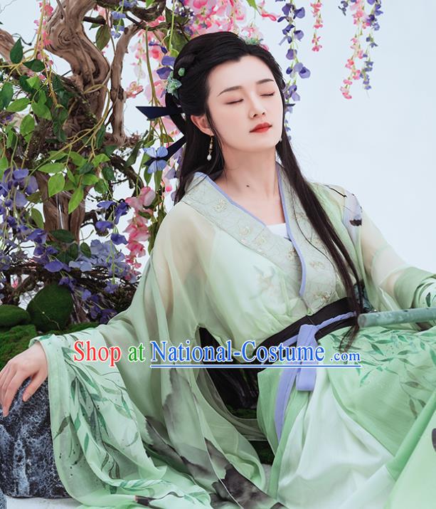 China Ancient Fairy Green Hanfu Dress Clothing Traditional Jin Dynasty Princess Historical Garment Costumes